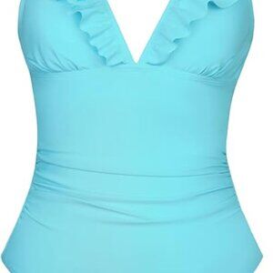 Tummy control one piece swimsuit. Features ruffles and Back Tie Design. Size M.